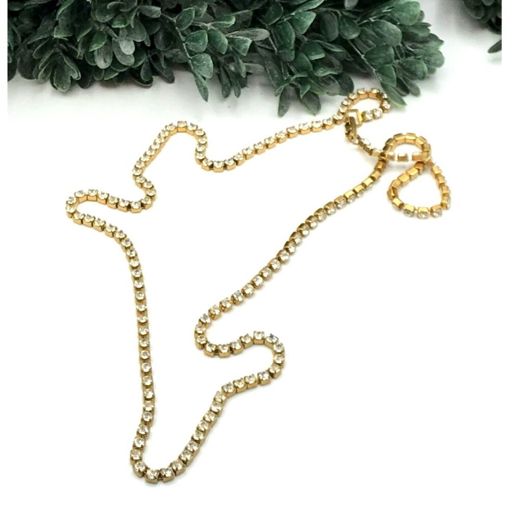 Vintage Style Gold Tone Rhinestone Tennis Necklace Sparkling Crystal Chain Jewel